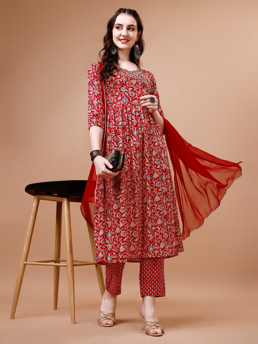 Mirror Embroidered Angrakha Style Printed & Flared Anarkali Kurta With Pant & Dupatta Set, Multicolor - Hiral Fashion - Distacart