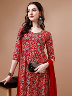 Mirror Embroidered Angrakha Style Printed & Flared Anarkali Kurta With Pant & Dupatta Set, Multicolor - Hiral Fashion - Distacart