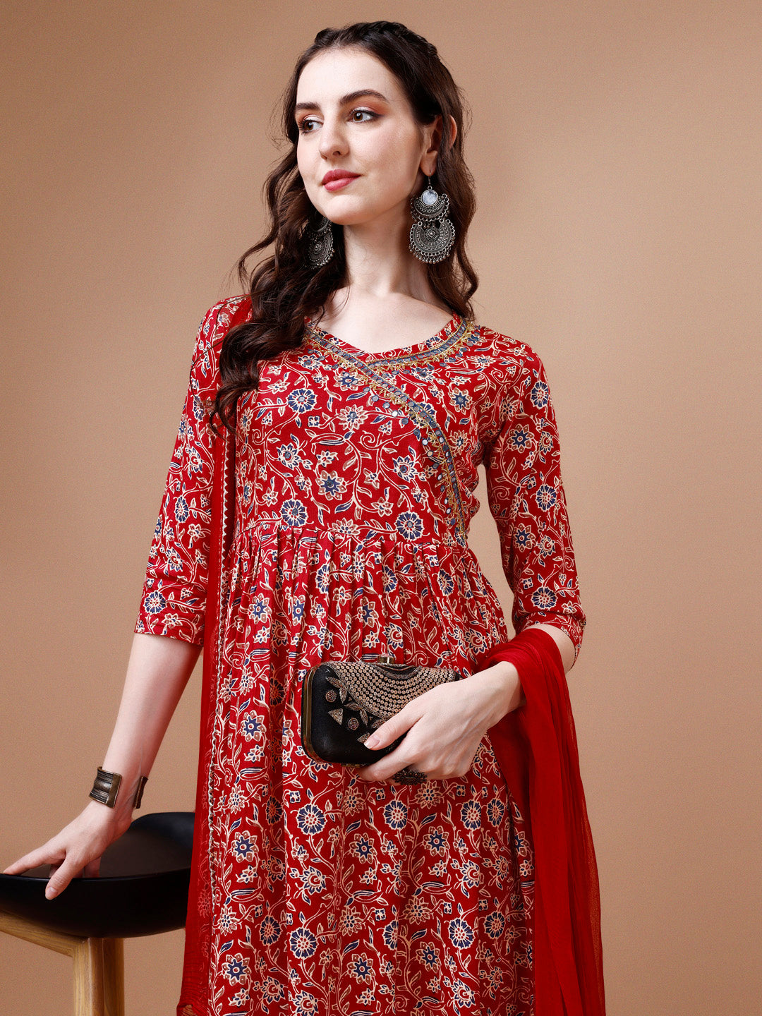 Mirror Embroidered Angrakha Style Printed & Flared Anarkali Kurta With Pant & Dupatta Set, Multicolor - Hiral Fashion - Distacart
