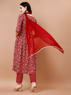 Mirror Embroidered Angrakha Style Printed & Flared Anarkali Kurta With Pant & Dupatta Set, Multicolor - Hiral Fashion - Distacart
