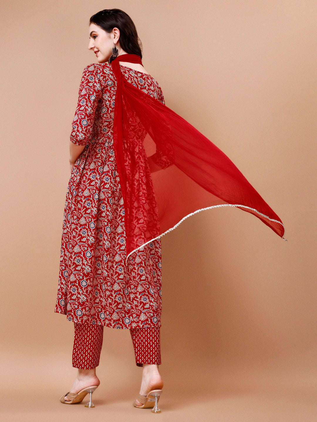 Mirror Embroidered Angrakha Style Printed & Flared Anarkali Kurta With Pant & Dupatta Set, Multicolor - Hiral Fashion - Distacart