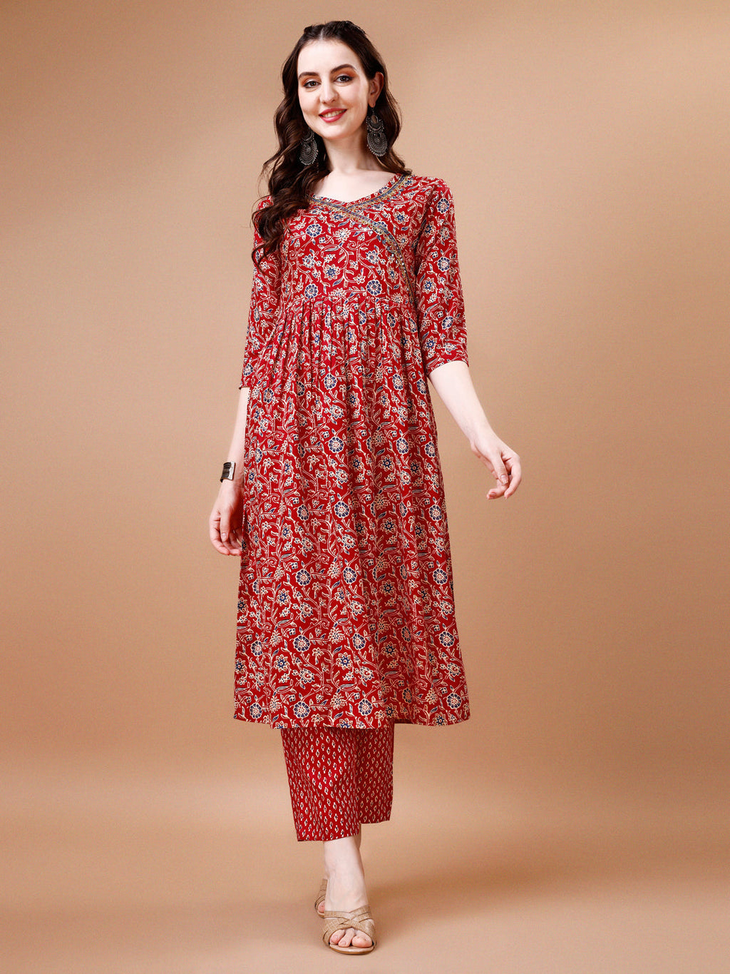Mirror Embroidered Angrakha Style Printed & Flared Anarkali Kurta With Pant & Dupatta Set, Multicolor - Hiral Fashion - Distacart