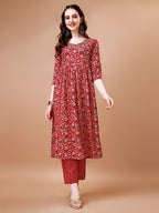 Mirror Embroidered Angrakha Style Printed & Flared Anarkali Kurta With Pant & Dupatta Set, Multicolor - Hiral Fashion - Distacart