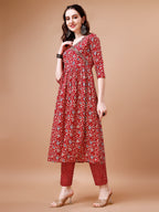 Mirror Embroidered Angrakha Style Printed & Flared Anarkali Kurta With Pant & Dupatta Set, Multicolor - Hiral Fashion - Distacart