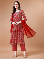 Mirror Embroidered Angrakha Style Printed & Flared Anarkali Kurta With Pant & Dupatta Set, Multicolor - Hiral Fashion - Distacart
