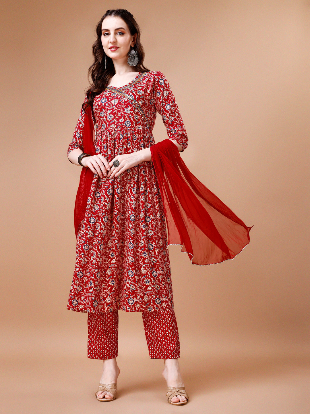 Mirror Embroidered Angrakha Style Printed & Flared Anarkali Kurta With Pant & Dupatta Set, Multicolor - Hiral Fashion - Distacart