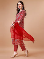 Mirror Embroidered Angrakha Style Printed & Flared Anarkali Kurta With Pant & Dupatta Set, Multicolor - Hiral Fashion - Distacart
