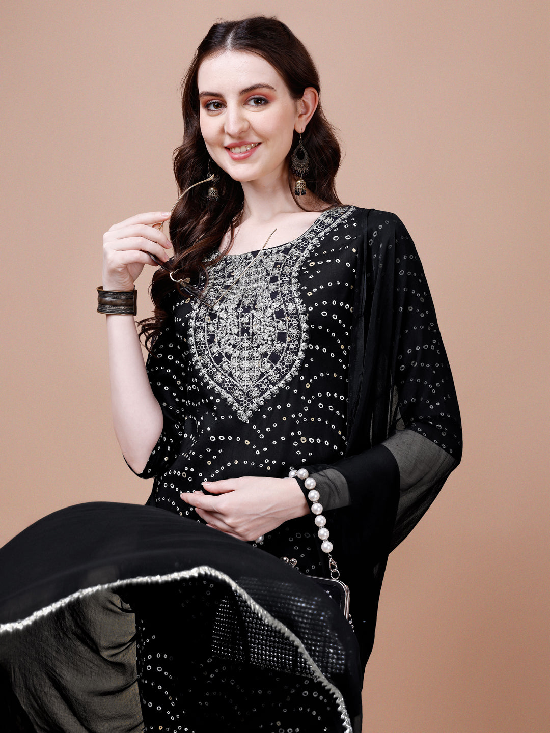 Embroidered & Bandhani Printed Kurta With Pant & Dupatta, Multicolor - Hiral Fashion - Distacart