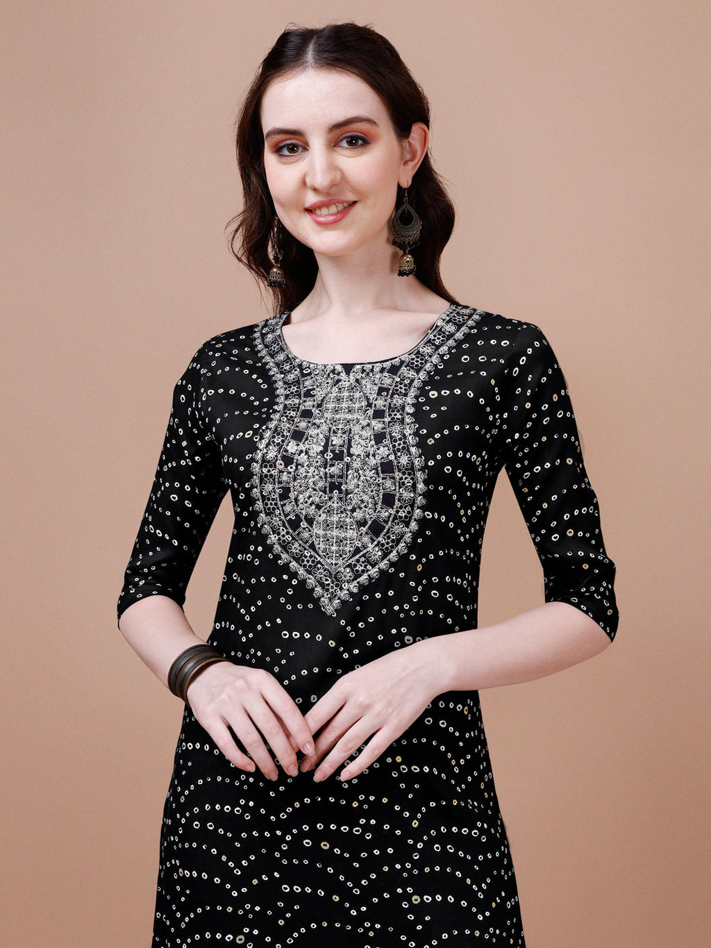 Embroidered & Bandhani Printed Kurta With Pant & Dupatta, Multicolor - Hiral Fashion - Distacart