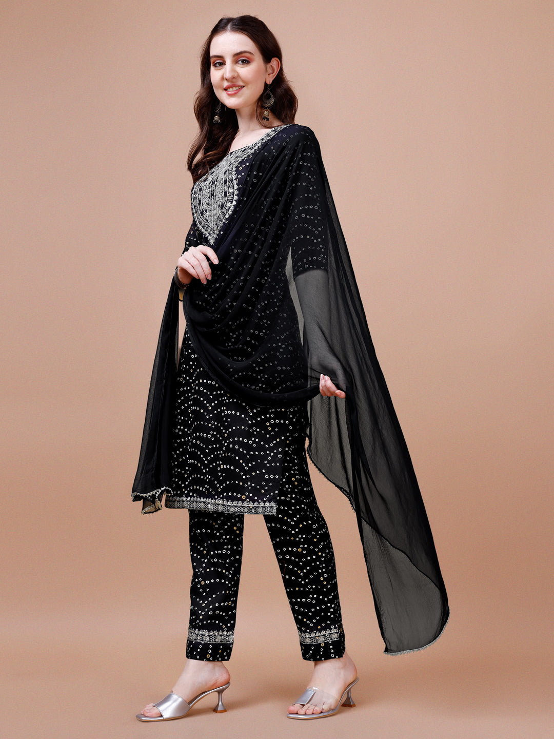 Embroidered & Bandhani Printed Kurta With Pant & Dupatta, Multicolor - Hiral Fashion - Distacart
