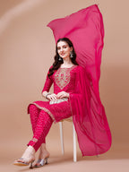 Embroidered & Bandhani Printed Kurta With Pant & Dupatta, Multicolor - Hiral Fashion - Distacart