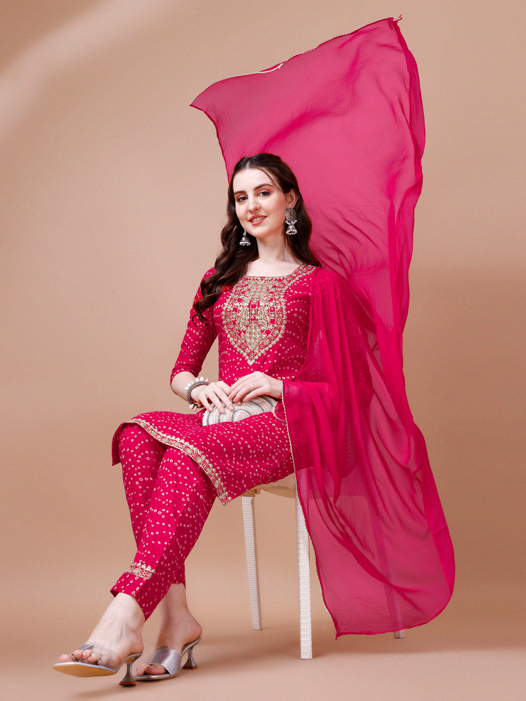 Embroidered & Bandhani Printed Kurta With Pant & Dupatta, Multicolor - Hiral Fashion - Distacart
