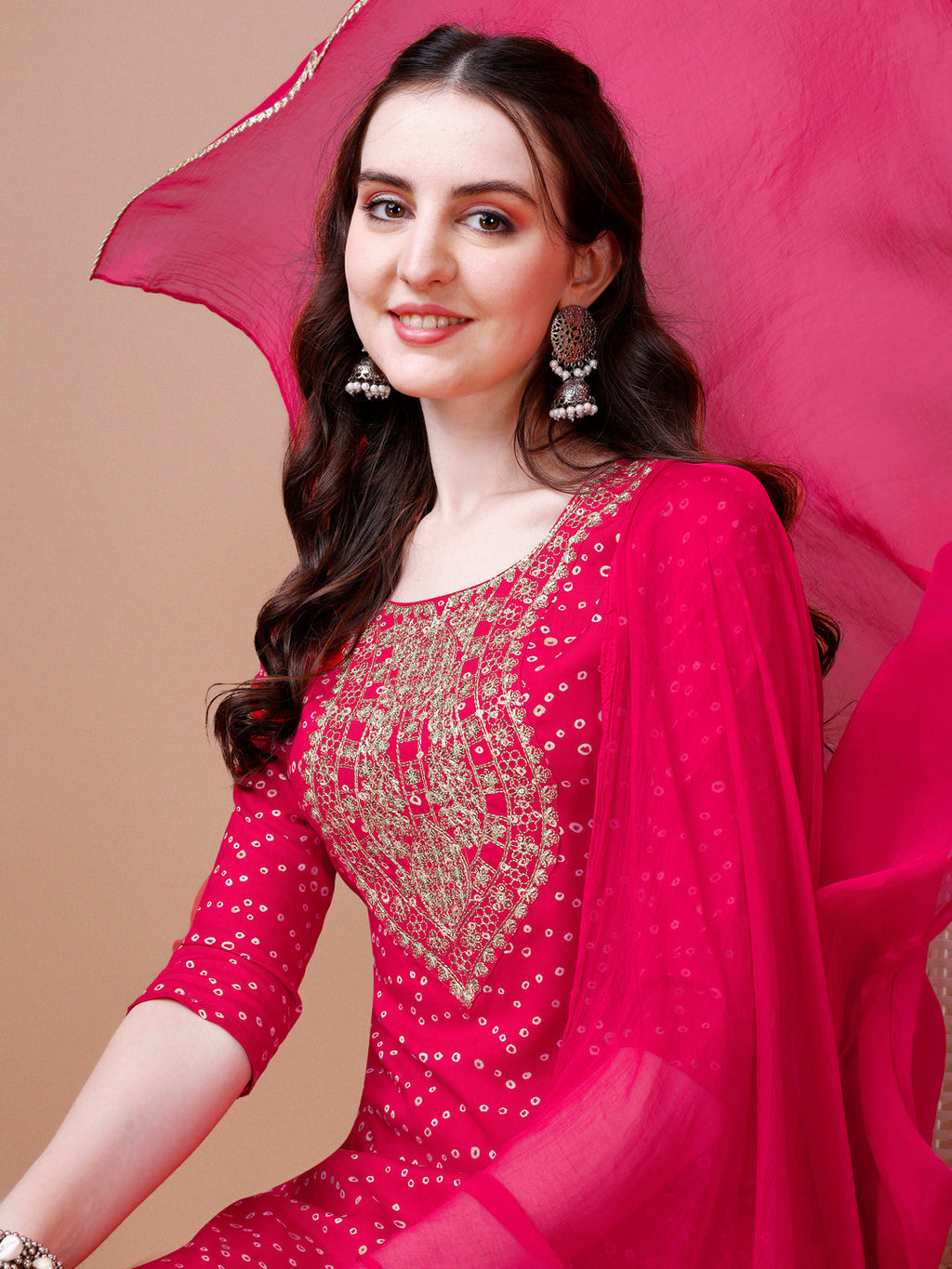 Embroidered & Bandhani Printed Kurta With Pant & Dupatta, Multicolor - Hiral Fashion - Distacart