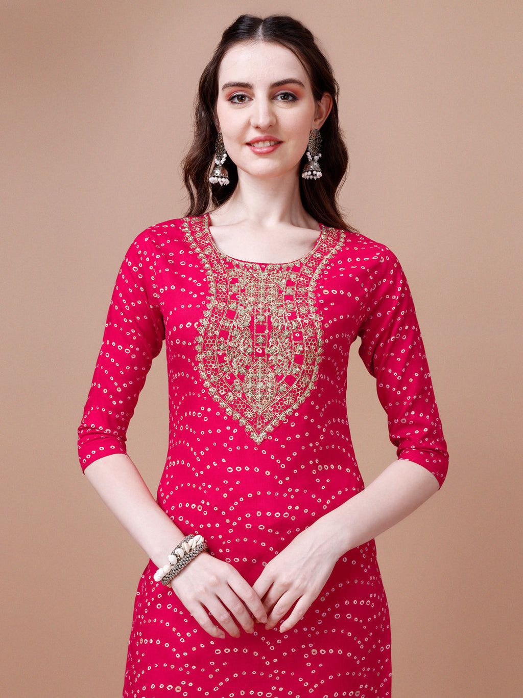 Embroidered & Bandhani Printed Kurta With Pant & Dupatta, Multicolor - Hiral Fashion - Distacart