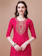 Embroidered & Bandhani Printed Kurta With Pant & Dupatta, Multicolor - Hiral Fashion - Distacart