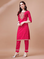 Embroidered & Bandhani Printed Kurta With Pant & Dupatta, Multicolor - Hiral Fashion - Distacart