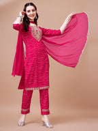 Embroidered & Bandhani Printed Kurta With Pant & Dupatta, Multicolor - Hiral Fashion - Distacart