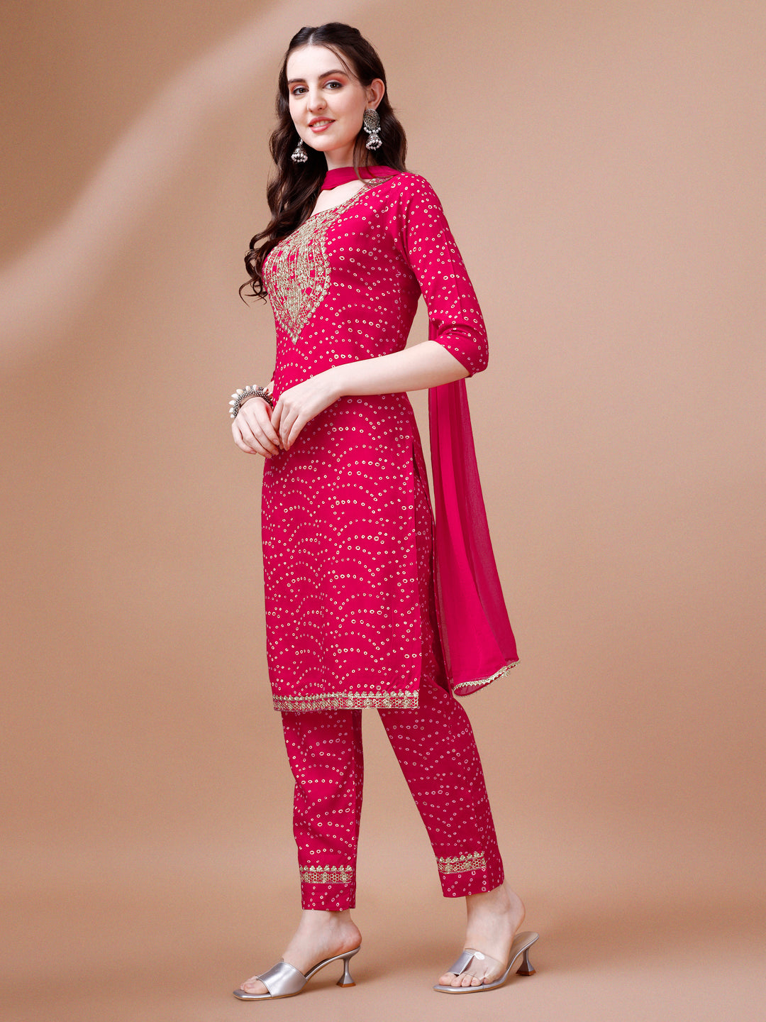 Embroidered & Bandhani Printed Kurta With Pant & Dupatta, Multicolor - Hiral Fashion - Distacart
