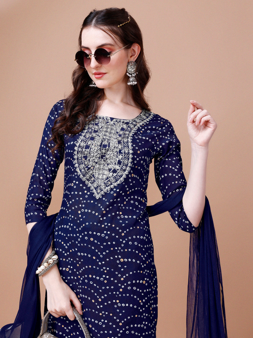 Embroidered & Bandhani Printed Kurta With Pant & Dupatta, Multicolor - Hiral Fashion - Distacart