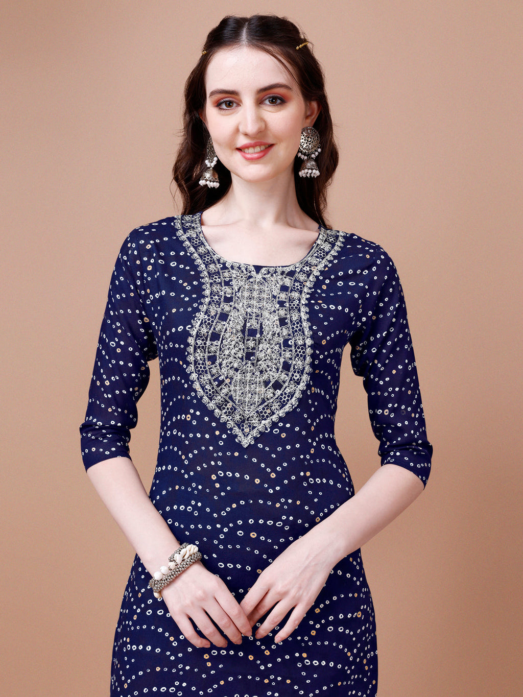 Embroidered & Bandhani Printed Kurta With Pant & Dupatta, Multicolor - Hiral Fashion - Distacart