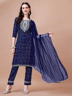 Embroidered & Bandhani Printed Kurta With Pant & Dupatta, Multicolor - Hiral Fashion - Distacart