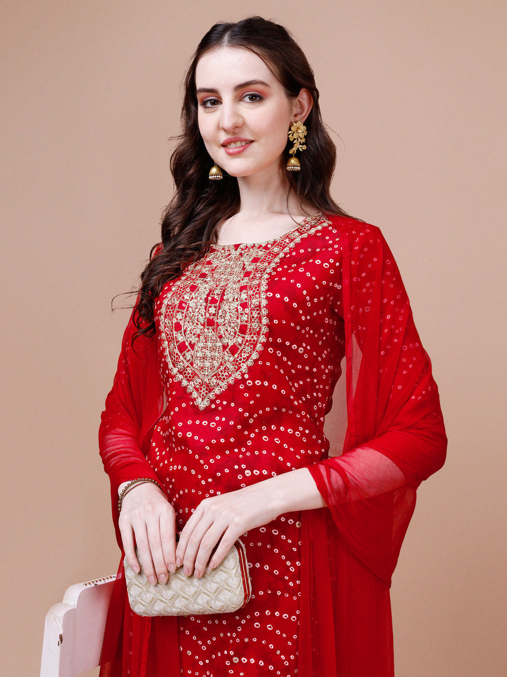 Embroidered & Bandhani Printed Kurta With Pant & Dupatta, Multicolor - Hiral Fashion - Distacart