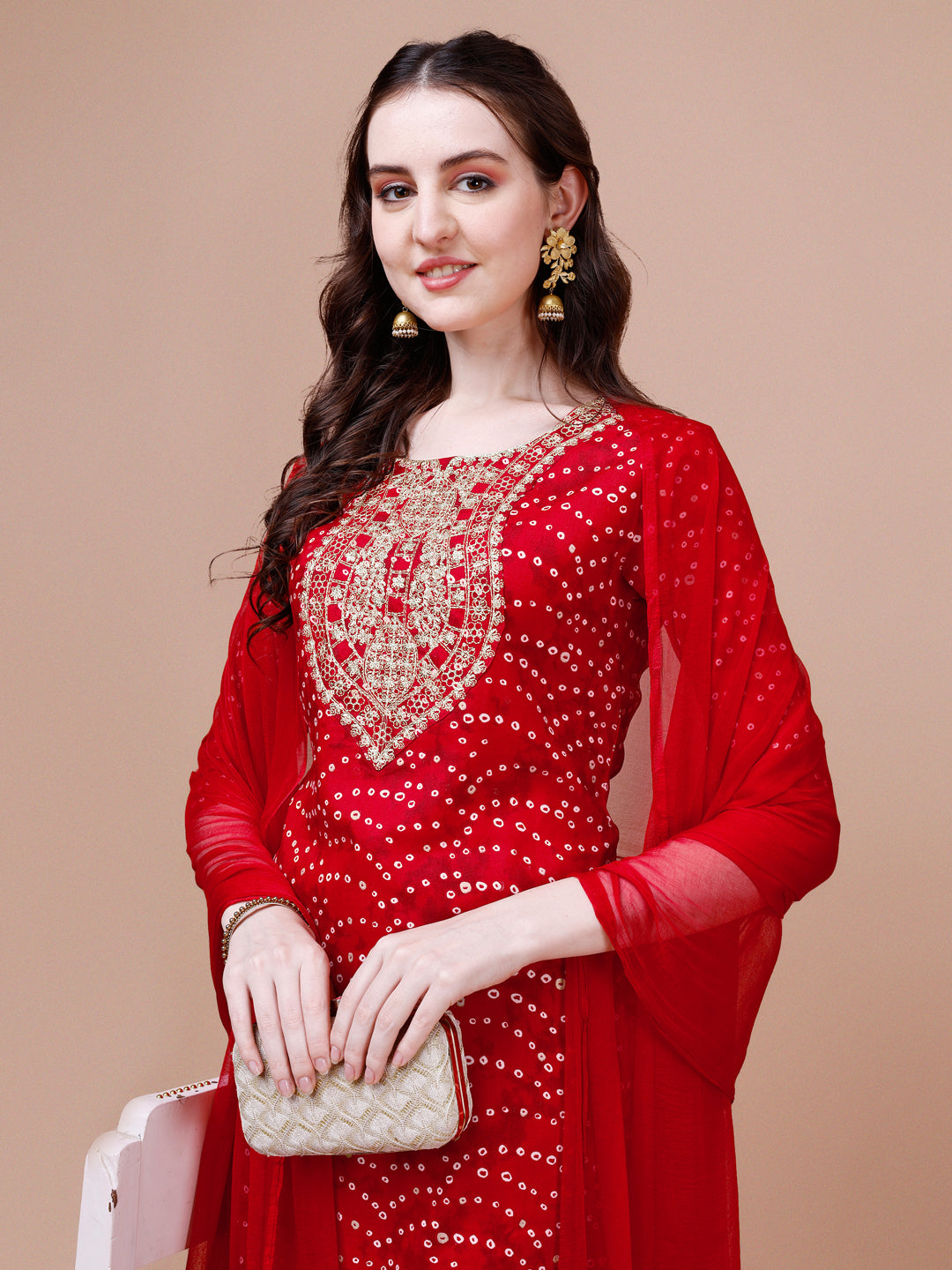Embroidered & Bandhani Printed Kurta With Pant & Dupatta, Multicolor - Hiral Fashion - Distacart
