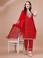 Embroidered & Bandhani Printed Kurta With Pant & Dupatta, Multicolor - Hiral Fashion - Distacart