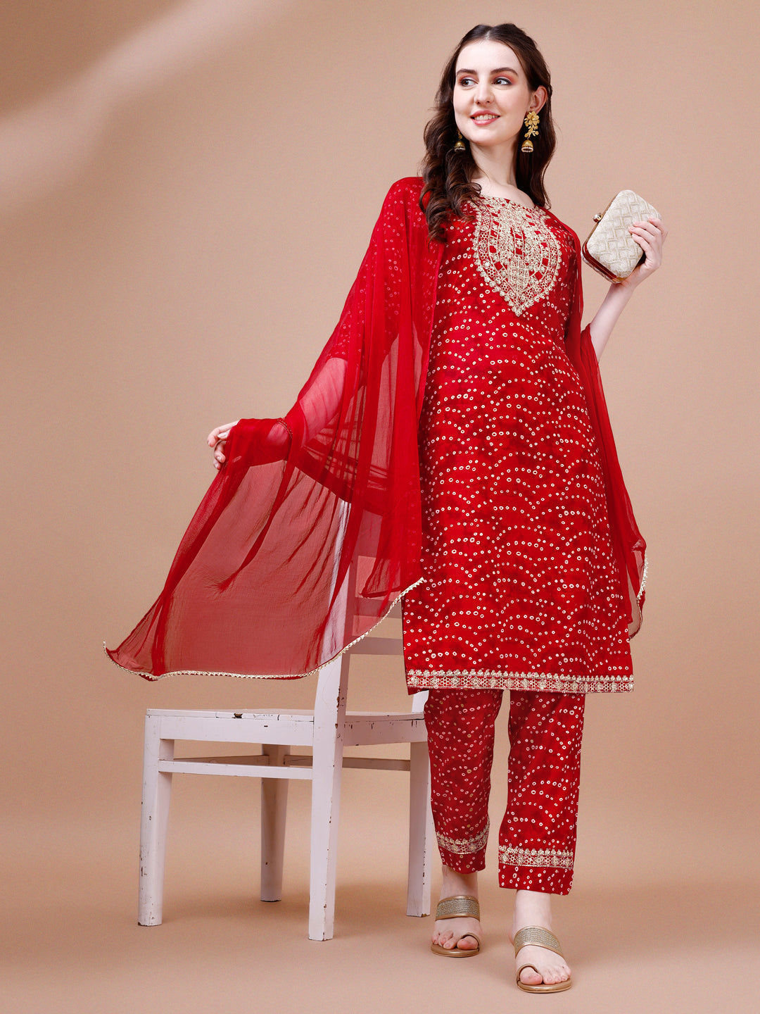 Embroidered & Bandhani Printed Kurta With Pant & Dupatta, Multicolor - Hiral Fashion - Distacart