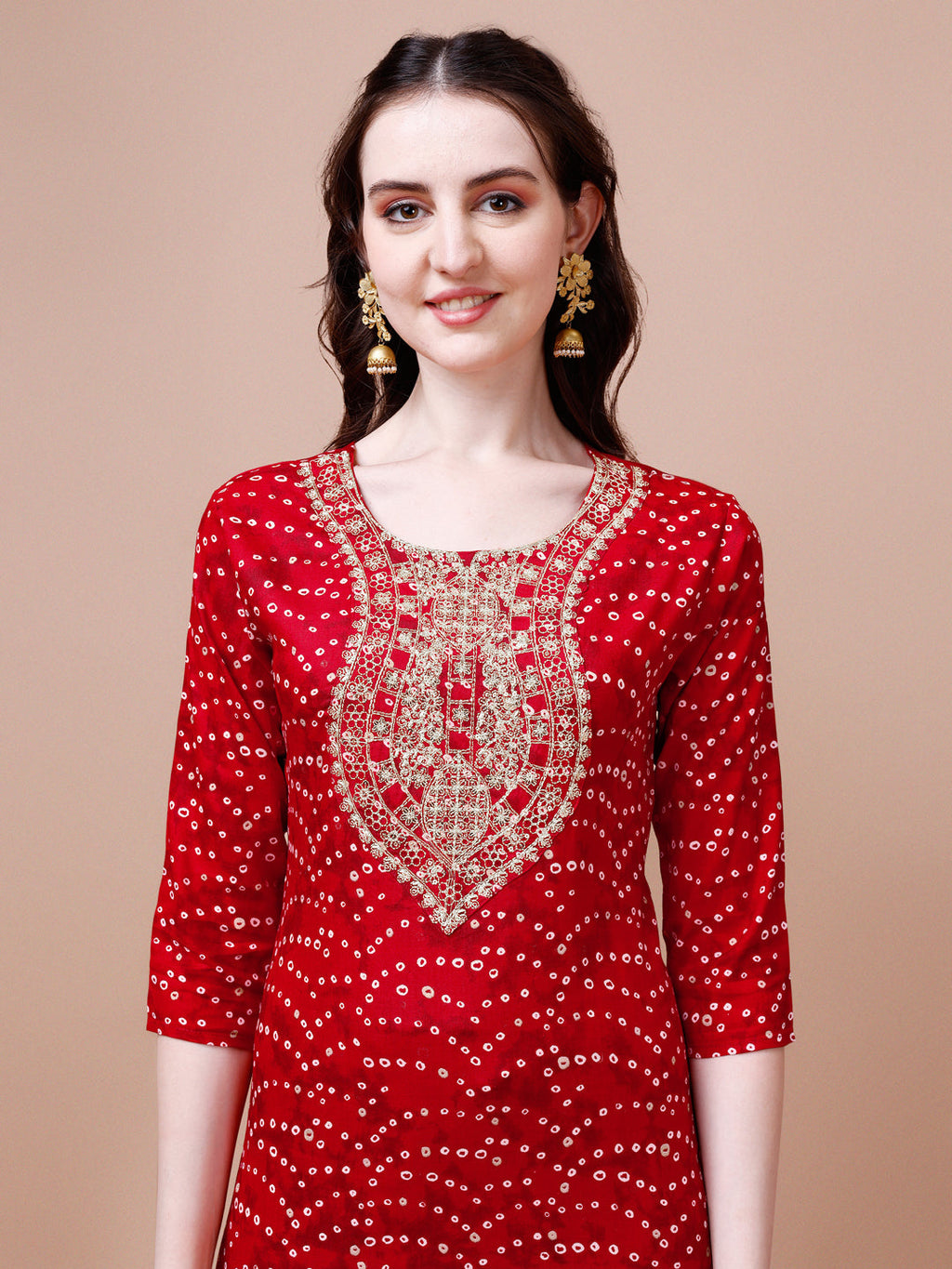 Embroidered & Bandhani Printed Kurta With Pant & Dupatta, Multicolor - Hiral Fashion - Distacart