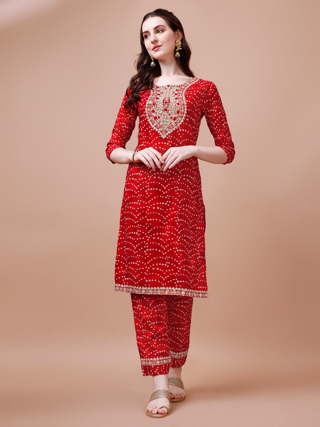 Embroidered & Bandhani Printed Kurta With Pant & Dupatta, Multicolor - Hiral Fashion - Distacart