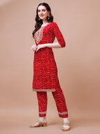 Embroidered & Bandhani Printed Kurta With Pant & Dupatta, Multicolor - Hiral Fashion - Distacart