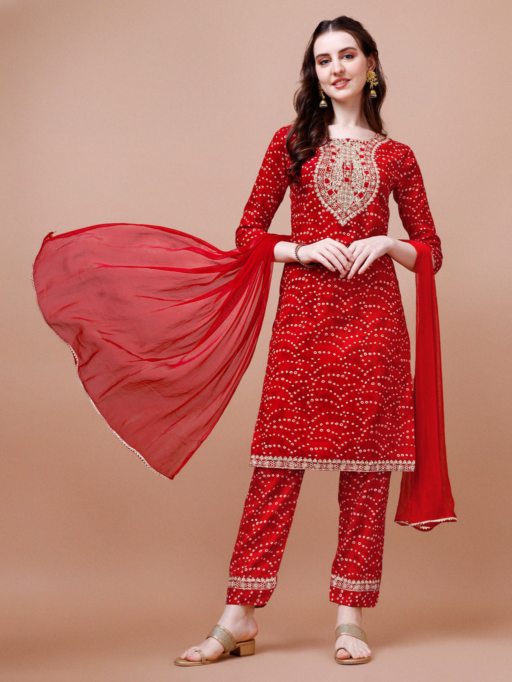 Embroidered & Bandhani Printed Kurta With Pant & Dupatta, Multicolor - Hiral Fashion - Distacart