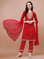 Embroidered & Bandhani Printed Kurta With Pant & Dupatta, Multicolor - Hiral Fashion - Distacart
