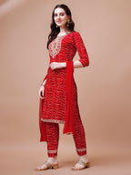 Embroidered & Bandhani Printed Kurta With Pant & Dupatta, Multicolor - Hiral Fashion - Distacart
