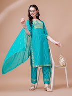 Embroidered & Quirky Printed Kurta With Pant & Dupatta, Multicolor - Hiral Fashion - Distacart