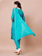 Embroidered & Quirky Printed Kurta With Pant & Dupatta, Multicolor - Hiral Fashion - Distacart