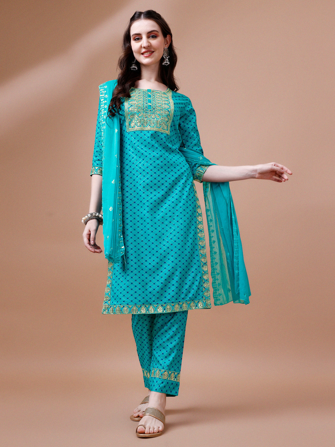 Embroidered & Quirky Printed Kurta With Pant & Dupatta, Multicolor - Hiral Fashion - Distacart