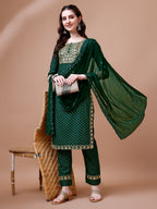 Embroidered & Quirky Printed Kurta With Pant & Dupatta, Multicolor - Hiral Fashion - Distacart