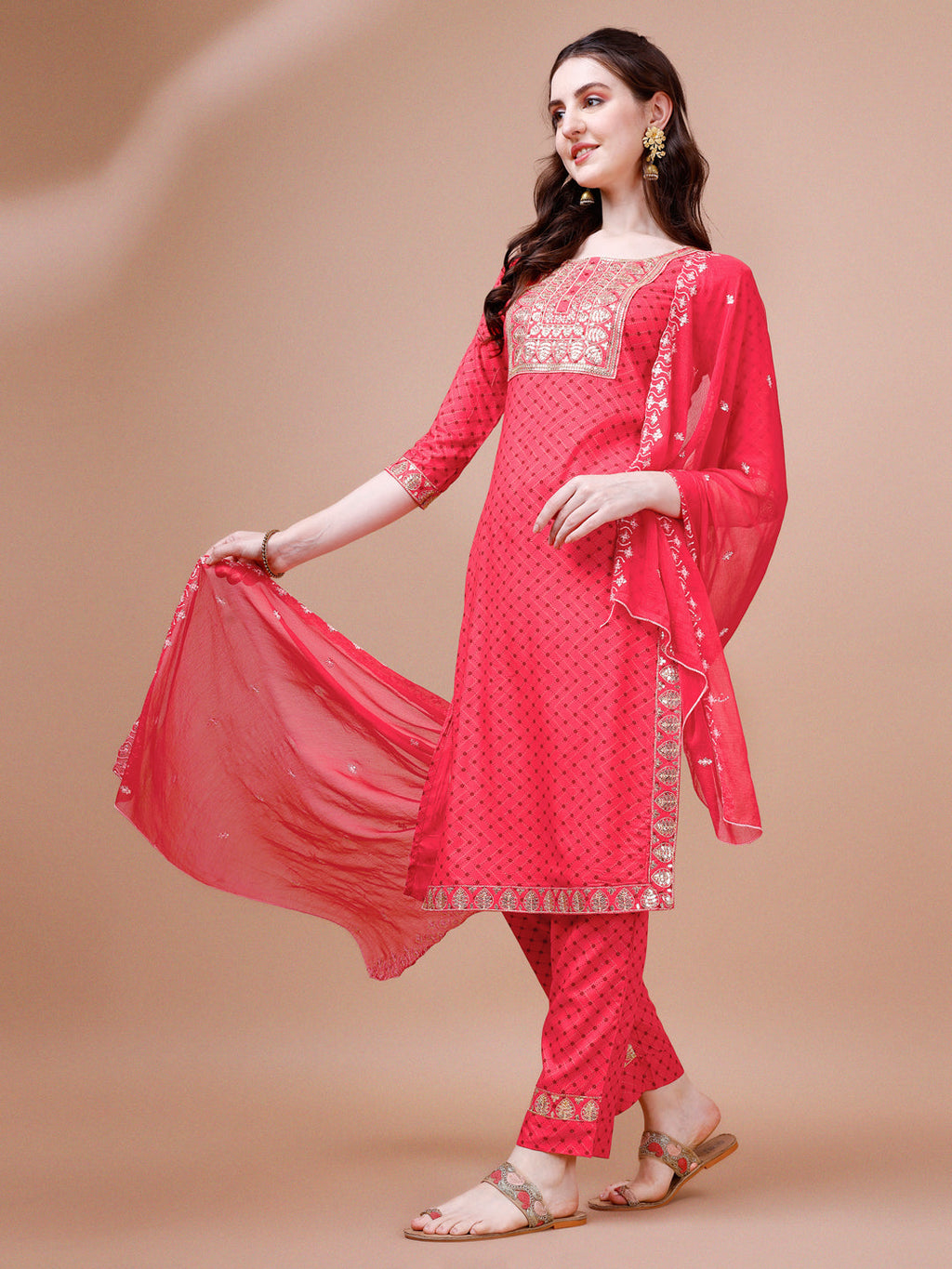 Embroidered & Quirky Printed Kurta With Pant & Dupatta, Multicolor - Hiral Fashion - Distacart