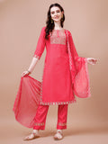 Embroidered & Quirky Printed Kurta With Pant & Dupatta, Multicolor - Hiral Fashion - Distacart