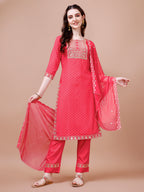 Embroidered & Quirky Printed Kurta With Pant & Dupatta, Multicolor - Hiral Fashion - Distacart