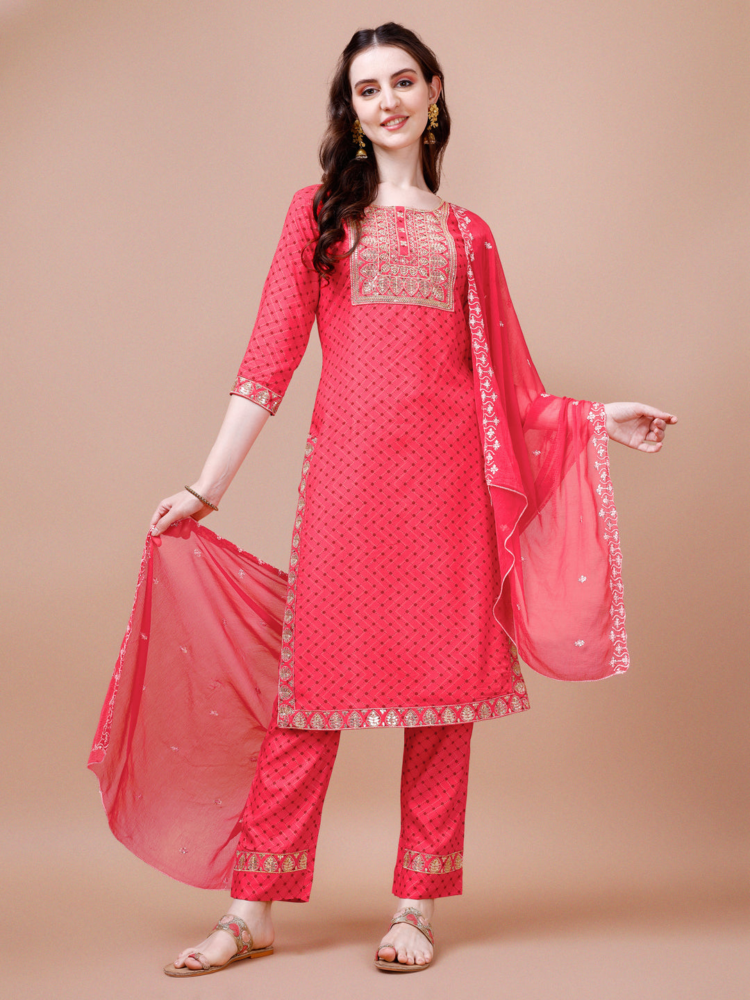 Embroidered & Quirky Printed Kurta With Pant & Dupatta, Multicolor - Hiral Fashion - Distacart
