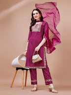 Embroidered & Quirky Printed Kurta With Pant & Dupatta, Multicolor - Hiral Fashion - Distacart