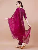 Embroidered & Quirky Printed Kurta With Pant & Dupatta, Multicolor - Hiral Fashion - Distacart
