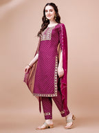 Embroidered & Quirky Printed Kurta With Pant & Dupatta, Multicolor - Hiral Fashion - Distacart