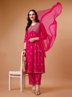 Alia Cut Embroidered & Printed Kurta With Pant & Dupatta, Multicolor - Hiral Fashion - Distacart