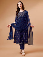 Alia Cut Embroidered & Printed Kurta With Pant & Dupatta, Multicolor - Hiral Fashion - Distacart