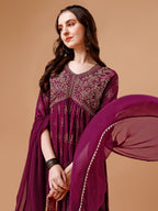 Alia Cut Embroidered & Printed Kurta With Pant & Dupatta, Multicolor - Hiral Fashion