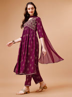 Alia Cut Embroidered & Printed Kurta With Pant & Dupatta, Multicolor - Hiral Fashion